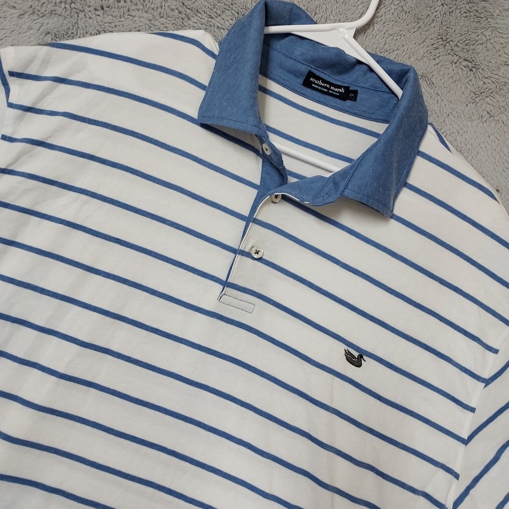 Southern Marsh Polo Shirt Mens 2XL Striped Short Sleeve Cotton Blend White Blue